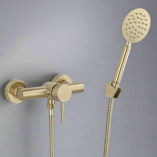 The AllFixture Wall Mounted Shower Faucet With Handheld in gold features a solid brass finish, a handheld shower head, and flexible hose, shown against a plain gray wall.