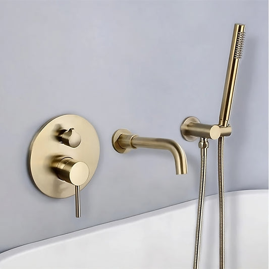 A modern bathroom wall showcases the Tiqui Wasser™ Solid Brass Bathtub Faucet With Handheld Shower. It includes a round control valve with a lever handle, a curved faucet spout, and a handheld shower head connected by a flexible hose. The light grey wall complements the sleek design, and the tub edge is visible.