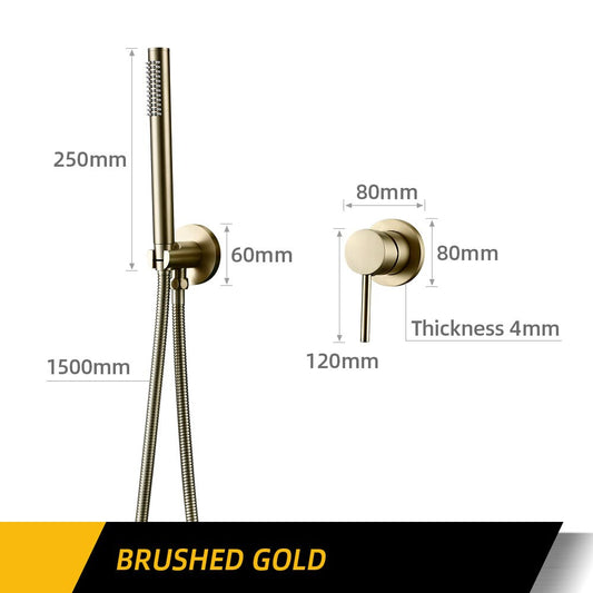 The Morsale.com Wall-Mounted Handheld Shower Faucet in brushed gold solid brass features vertical measurements of 1500mm and 250mm, with a control handle measuring 120mm x 80mm x 4mm thick.