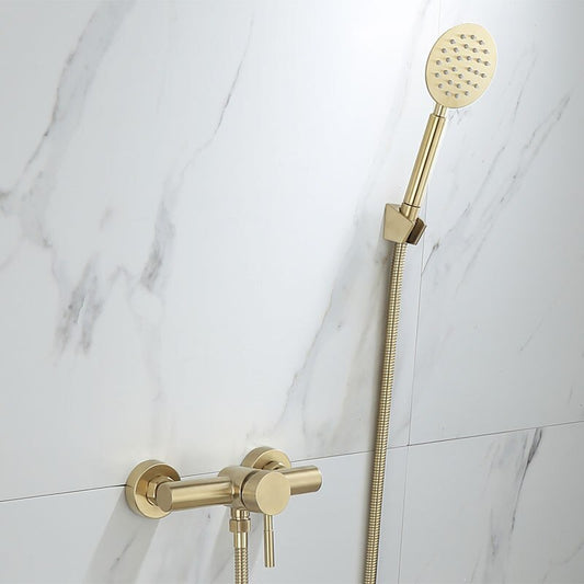 An AllFixture Wall Mounted Shower Faucet with a gold finish is installed on a white marble wall. The set features a handheld showerhead with a flexible hose, attached to a wall bracket, and two control knobs for adjusting water flow and temperature, perfectly complementing elegant bathroom faucets.