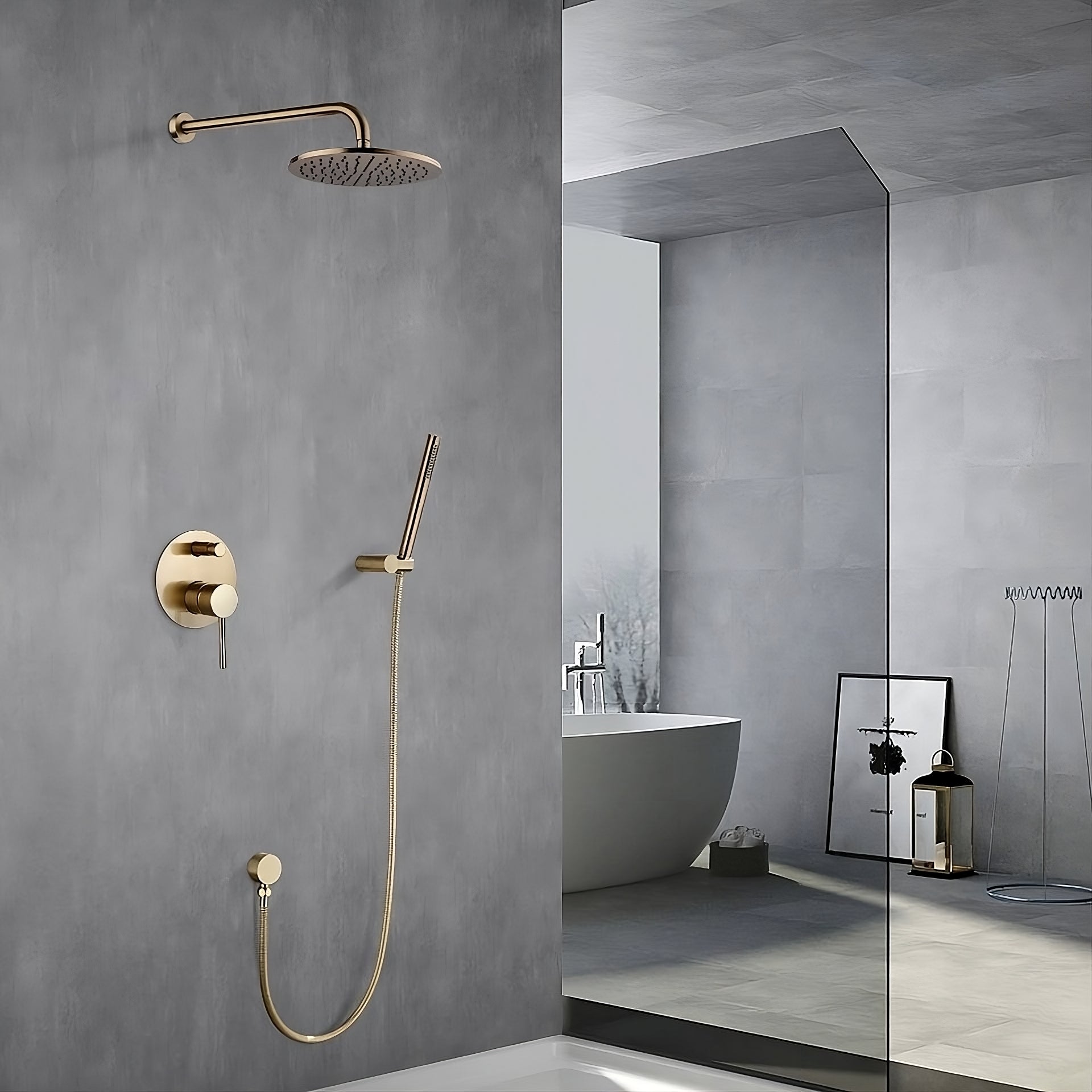 Discover the Wasser™ Brushed Gold Shower System With Handheld Shower by Morsale.com, a contemporary design featuring a circular overhead rain showerhead, a wall-mounted handheld shower with hose, and a round control knob with lever, all set against a sleek gray backdrop.