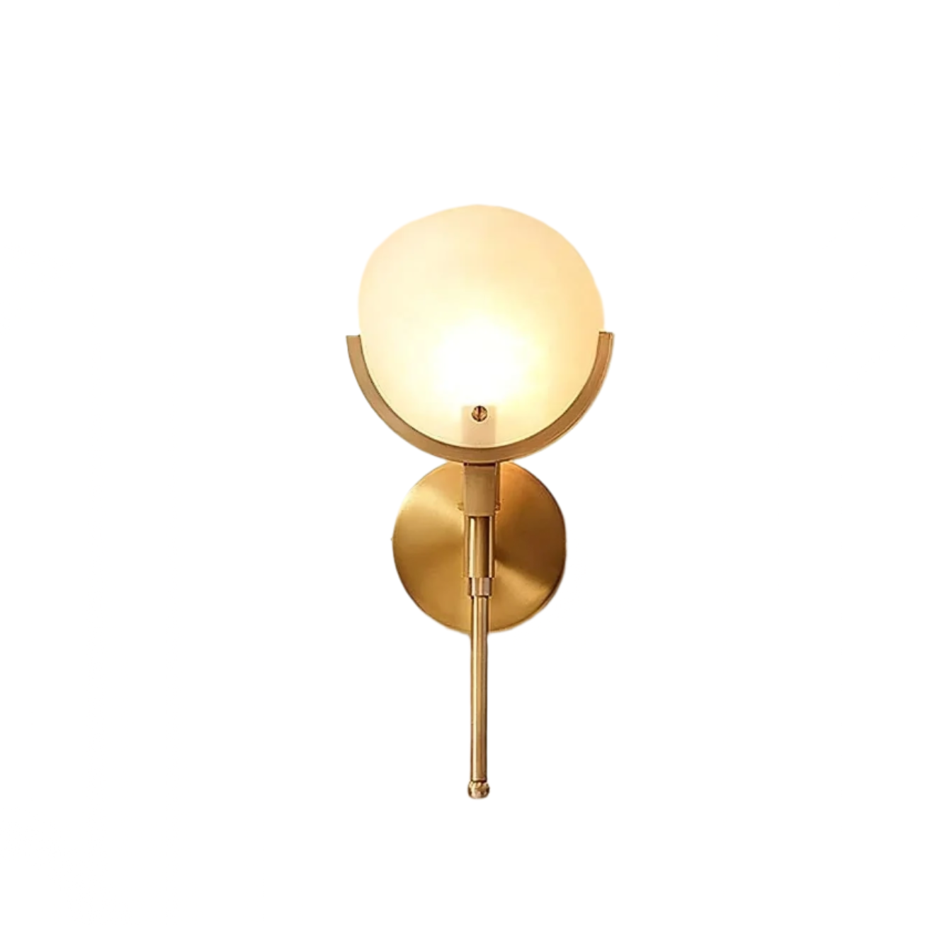 The Moonshade Marble Wall Light Sconce by Morsale.com is a contemporary wall sconce with a distinctive design, featuring a round frosted glass shade on a brass fixture and circular base. Its vertical rod emits a warm glow, providing an elegant minimalist touch to your decor.