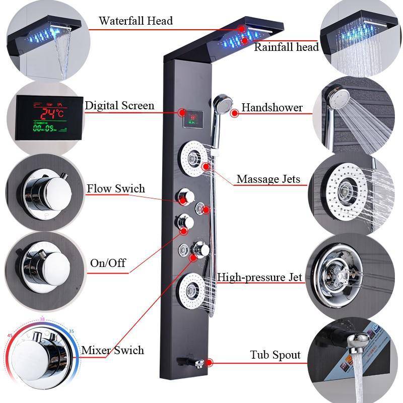 5-Function LED Shower Panel With Massage Jets Waterfall Rainfall