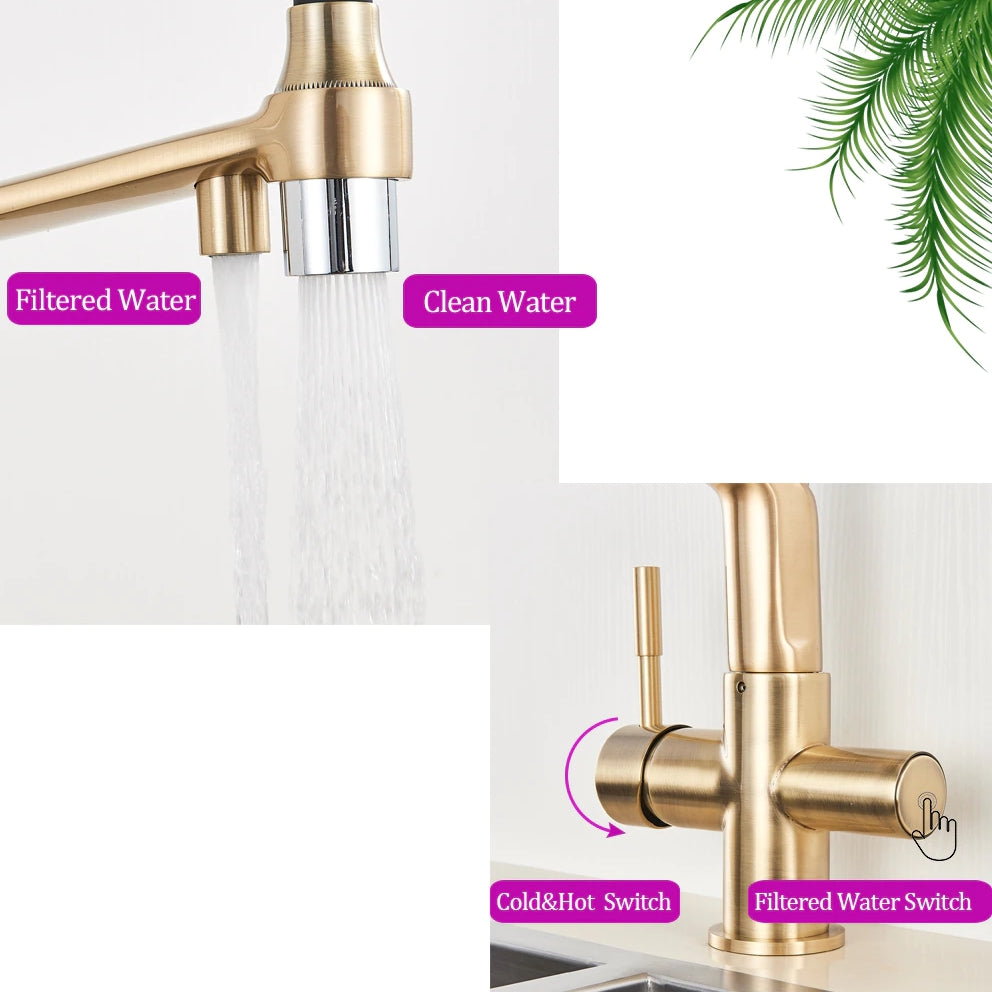 Brushed Gold Solid Brass Kitchen Faucet With Purified Water Tap