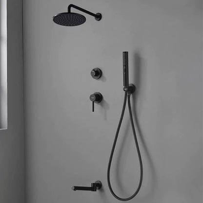 A modern shower set-up featuring the Wasser™ Solid Brass Shower Faucet With Bathtub Faucet from allfixture, in a sophisticated matte black finish against a gray wall. The setup includes a round overhead rain shower head, three control knobs, a wall-mounted handheld shower with a hose, and an additional small wall-mounted fixture likely for a towel or bathrobe. Complete the look with an elegant bathroom sink faucet for sleek coordination.