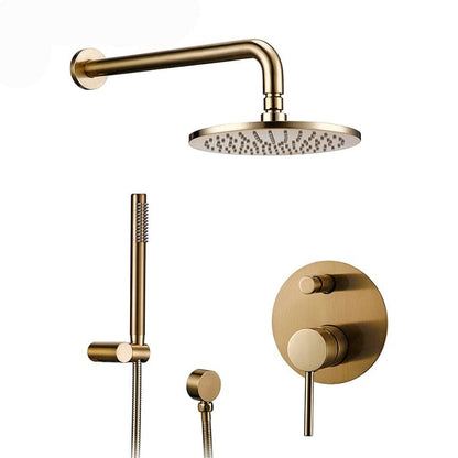 Discover the Wasser™ Brushed Gold Shower System With Handheld Shower by Morsale.com, a contemporary design featuring a circular overhead rain showerhead, a wall-mounted handheld shower with hose, and a round control knob with lever, all set against a sleek gray backdrop.