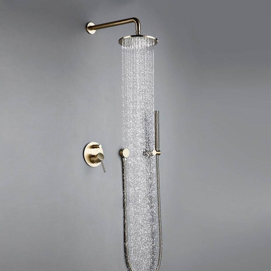 Discover the Wasser™ Brushed Gold Shower System With Handheld Shower by Morsale.com, a contemporary design featuring a circular overhead rain showerhead, a wall-mounted handheld shower with hose, and a round control knob with lever, all set against a sleek gray backdrop.