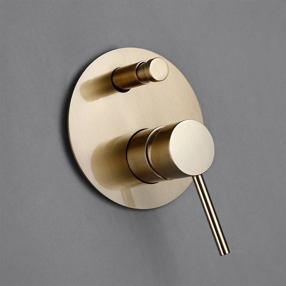 Discover the Wasser™ Brushed Gold Shower System With Handheld Shower by Morsale.com, a contemporary design featuring a circular overhead rain showerhead, a wall-mounted handheld shower with hose, and a round control knob with lever, all set against a sleek gray backdrop.