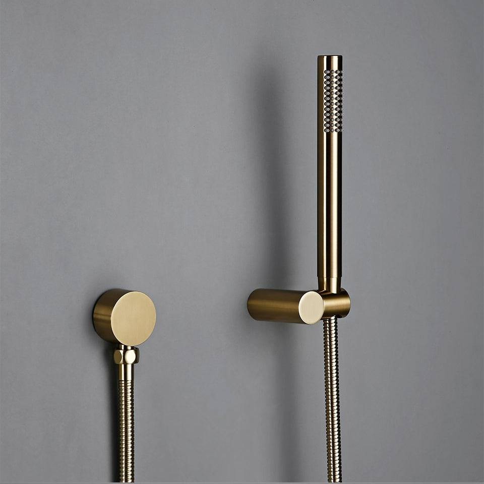 Discover the Wasser™ Brushed Gold Shower System With Handheld Shower by Morsale.com, a contemporary design featuring a circular overhead rain showerhead, a wall-mounted handheld shower with hose, and a round control knob with lever, all set against a sleek gray backdrop.