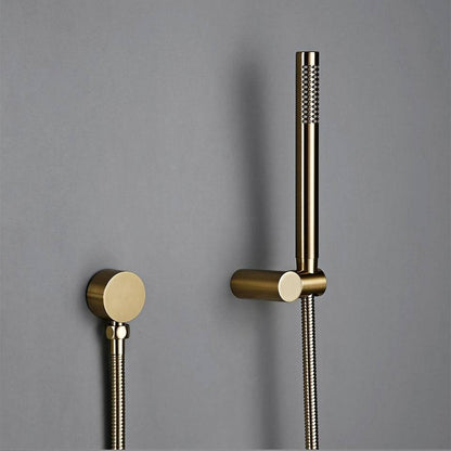 Discover the Wasser™ Brushed Gold Shower System With Handheld Shower by Morsale.com, a contemporary design featuring a circular overhead rain showerhead, a wall-mounted handheld shower with hose, and a round control knob with lever, all set against a sleek gray backdrop.