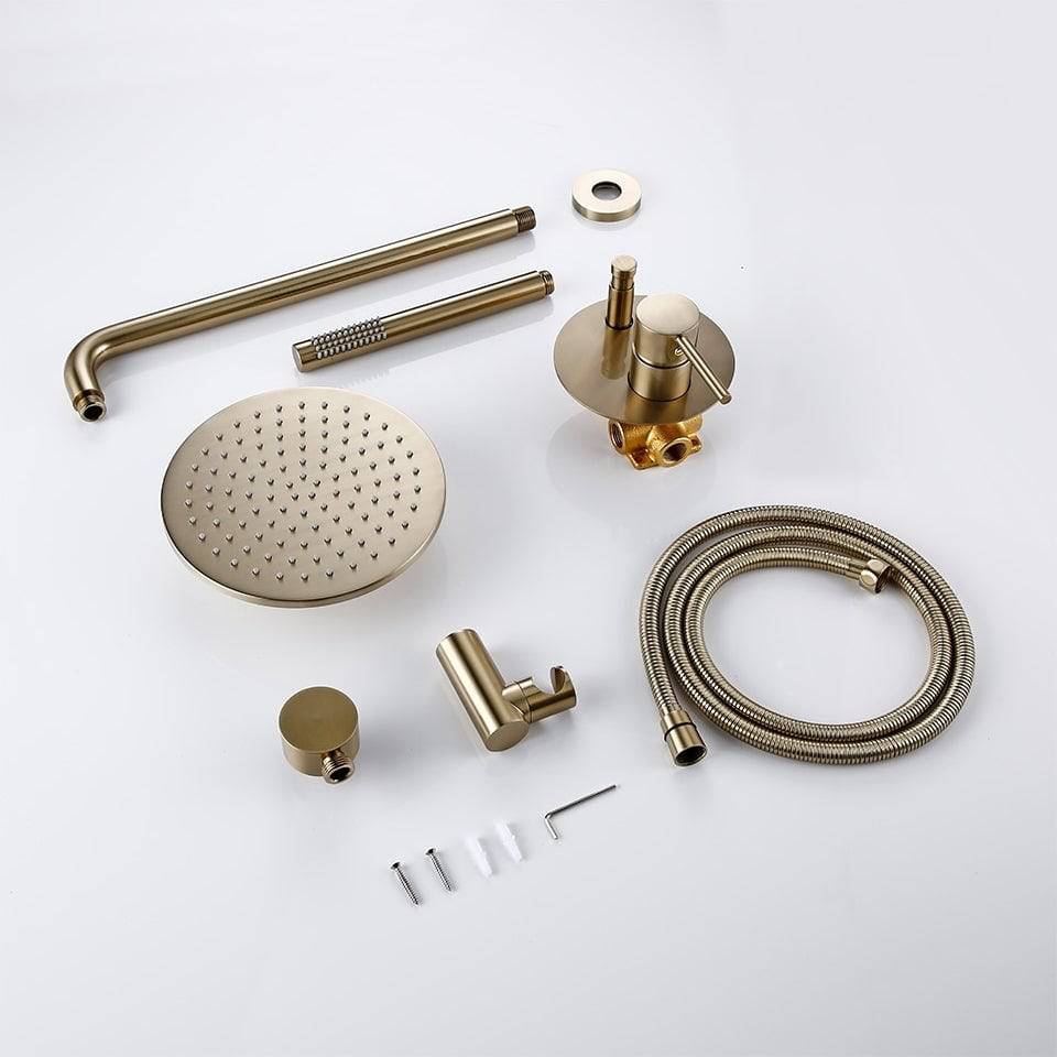 Discover the Wasser™ Brushed Gold Shower System With Handheld Shower by Morsale.com, a contemporary design featuring a circular overhead rain showerhead, a wall-mounted handheld shower with hose, and a round control knob with lever, all set against a sleek gray backdrop.