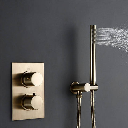 Wasser™ Brushed Gold Thermostatic Shower System from Morsale.com offers a contemporary shower setup with a sophisticated, matte-finish wall-mounted control panel that features two round knobs, one labeled "OFF." A nearby handheld showerhead emits water in a fine mist. The fixtures, including the coordinating bathroom sink faucet and brushed gold shower faucet, elegantly complement the dark gray background.