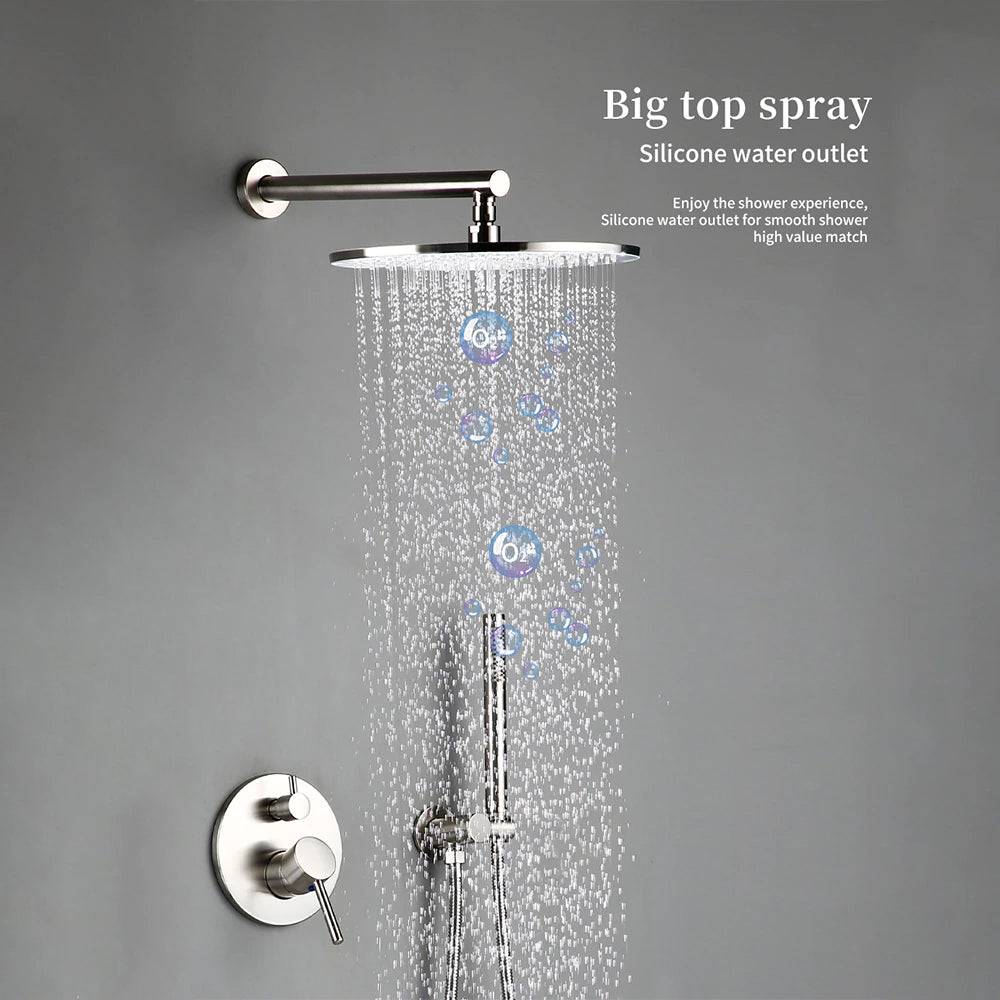 A sleek, modern shower faucet from Morsale.com is mounted on a wall, featuring the Wasser™ Brushed Nickel Shower Faucet With Handheld Shower. The handheld showerhead boasts a cylindrical design with multiple small nozzles for a dense water spray that doesn't irritate the skin. Text on the image reads, "Wasser™ brushed nickel material. Dense spray does not irritate the skin.