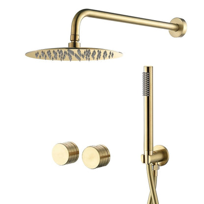 A minimalist bathroom features a matte gray wall with the modern Aodei Wasser™ Complete Shower System in brushed gold. The wall-mounted rain showerhead, sleek hand shower, and dual control knobs complement the simple yet elegant design. A partial view of a washbasin with a matching bathroom sink faucet is seen in the background.