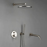 The *Wasser™ Complete Shower System With Bathtub Filler* from Morsale.com features a modern setup against a gray wall, including a round rain showerhead, sleek wall-mounted lever handle, detachable handheld shower with hose, and minimalist spout, all in brushed nickel finish.