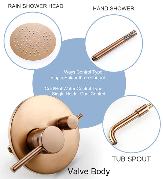 A modern shower setup featuring the Wasser™ Complete Shower System with Bathtub Filler in Rose Gold by Morsale.com, including a round, overhead rain showerhead and a separate handheld showerhead, mounted on a light gray textured wall. Water pours from the overhead showerhead creating a luxurious cascade effect akin to high-end bathroom faucets.