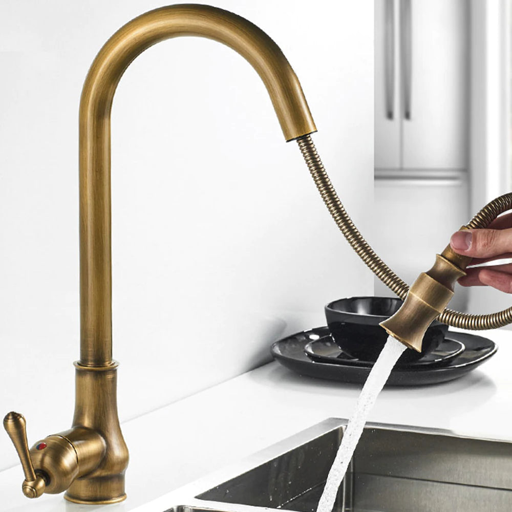 An Antique Brass Pull-Down Kitchen Faucet by Rozin with a curved spout is installed over a stainless steel sink. Water is flowing from the faucet. The sink contains a strainer with vegetables, and a potted plant, as well as a framed picture, are placed on the countertop.