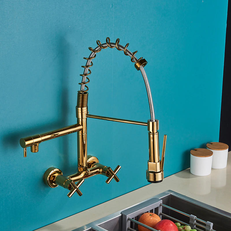 Wall Mounted Dual Handle Pull Down Spout Kitchen Faucet