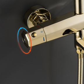 The Wasser™ Complete Shower System With Bath Faucet from Morsale.com features a sleek, modern design with a chrome finish. It includes a large, circular overhead rain showerhead and a smaller handheld showerhead mounted on a sliding bar, all set against a muted, dark-colored background.