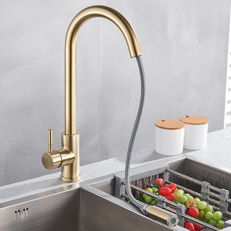 The allfixture Stainless Steel Smart Touch Pull Out Kitchen Faucet, featuring a high arch spout and a pull-down spray head, is mounted on a sleek stainless steel sink, dispensing a stream of water. Flanked by two white containers with wooden lids against a muted gray background, it creates an elegant and functional kitchen space.