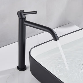 A stylish, contemporary black Single Handle Deck Mounted Bathroom Sink Faucet by Rozin is installed on a countertop. Water streams into a coordinating rectangular black sink below it. The minimalist design showcases a matte finish on both the faucet and sink.