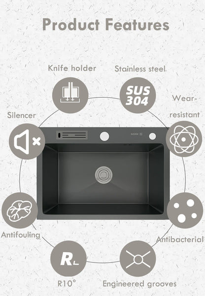 This image showcases a modern kitchen sink setup featuring the AllFixture 304 Stainless Steel Multifunction Kitchen Sink With Knife Holder. It includes a matte black kitchen sink faucet and a matching large rectangular basin. The countertop integrates soap dispensers and cup holders, all installed in a marble surface and flanked by white ceramic dishes.