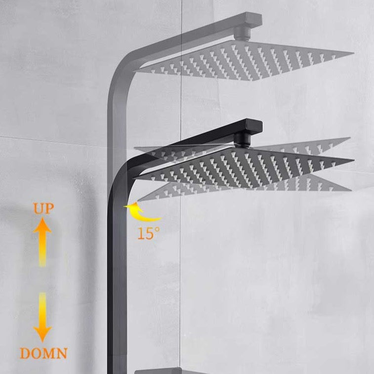 An AllFixture Solid Brass Rainfall Bath Shower System With Swivel Bath Spout in black is mounted on a tiled bathroom wall. It features a square overhead rain shower head, an adjustable handheld showerhead, and control knobs. The image shows close-up views of the rainfall effect, handheld spray, and control knobs similar to those found on a kitchen sink faucet.