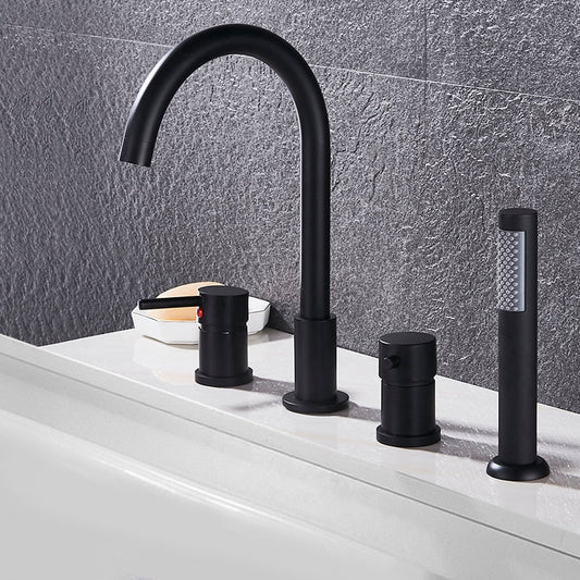 The AllFixture Brass Bathroom Faucet Set with Handheld Shower showcases a tall, curved spout, two round handles, and a handheld shower head, all in a matte black finish. The sleek fixtures are mounted on a pristine white countertop contrasted against a textured gray wall.