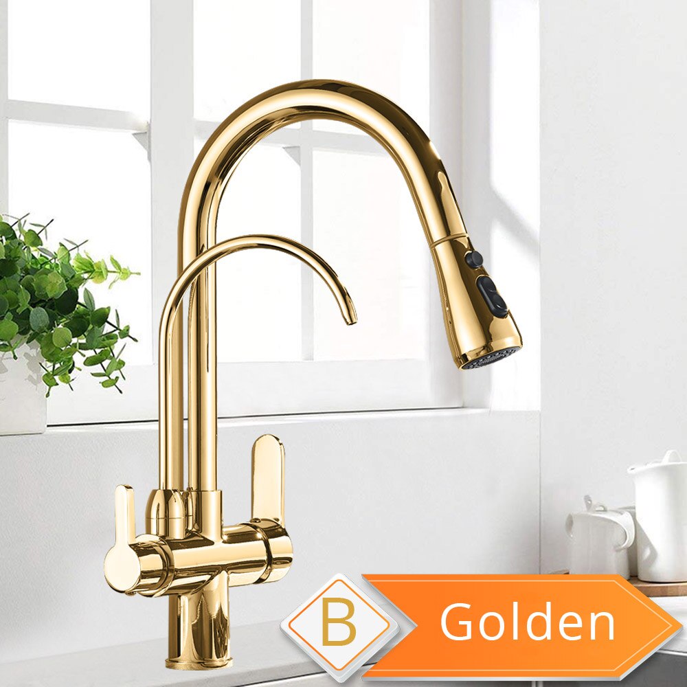 Solid Brass Kitchen Faucet With Pull Out Sprayer & Filtered Water Tap