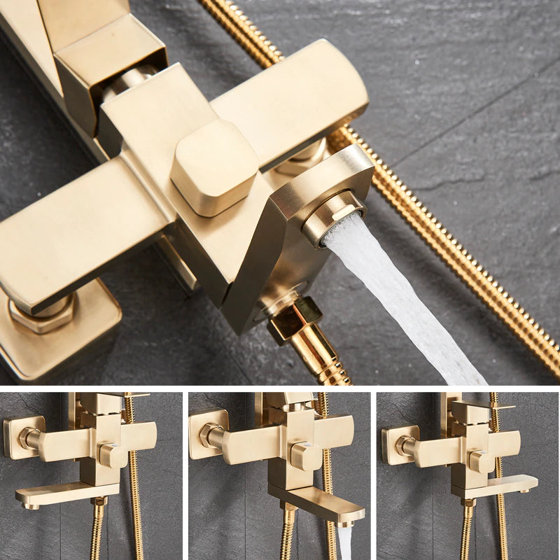 Brushed Gold Rainfall Bath Shower System With Swivel Bath Spout