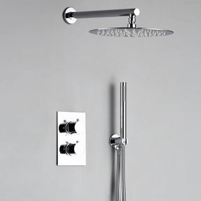 The Wasser™ Chrome Shower Faucet With Handheld Shower by AllFixture offers a sleek, modern shower setup. It features a round, chrome rain shower head mounted on the wall alongside an adjacent handheld shower head with a flexible hose. The sleek chrome panel below the fixed shower head is equipped with two control knobs and a temperature dial, ensuring precise control and seamlessly matching your bathroom faucets.