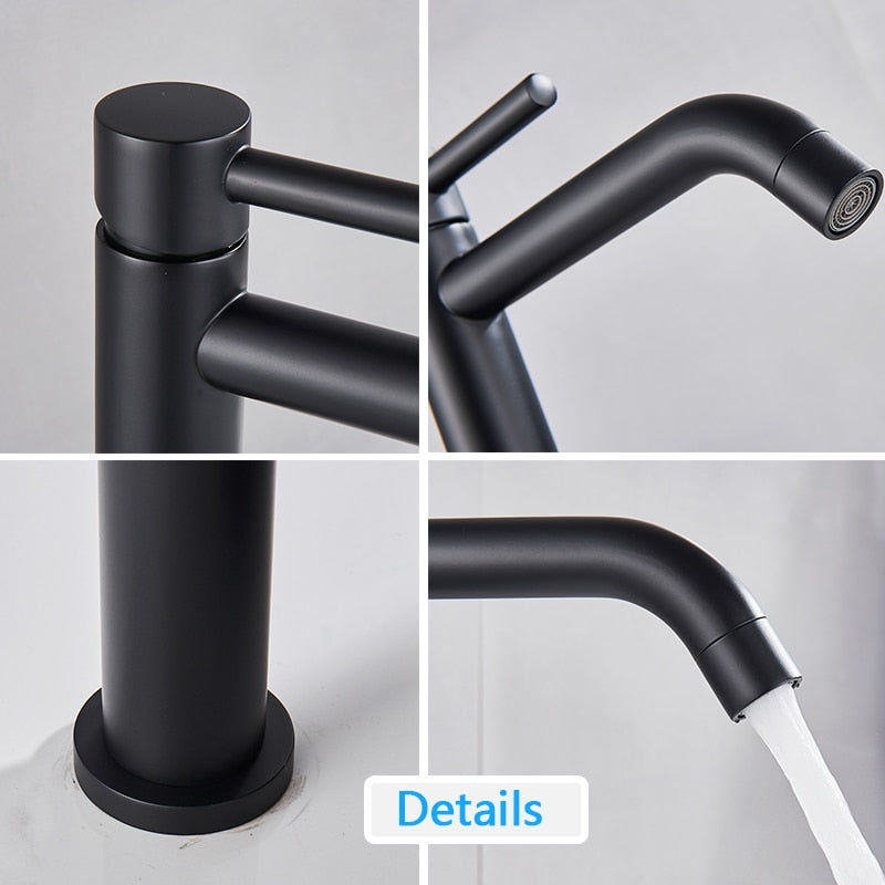 A stylish, contemporary black Single Handle Deck Mounted Bathroom Sink Faucet by Rozin is installed on a countertop. Water streams into a coordinating rectangular black sink below it. The minimalist design showcases a matte finish on both the faucet and sink.