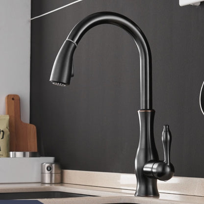 A sleek, modern Wanfan Multitask Pull Out Spout Kitchen Faucet with a curved design and single lever handle is mounted on the countertop. The background features a dark-colored backsplash and a wooden cutting board partially visible on the left, creating an elegant contrast reminiscent of high-end bathroom faucets.