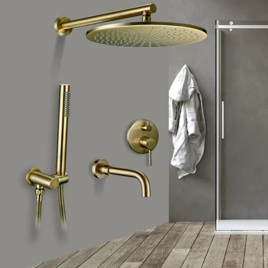 A modern bathroom featuring the Wasser™ Complete Shower System With Bathtub Filler in brushed gold from Morsale.com, which includes a large round overhead showerhead, a handheld showerhead, and a temperature control knob. A towel hangs on a wall hook next to a glass shower enclosure with wooden flooring, complemented by matching brushed gold hardware similar to those on kitchen faucets.