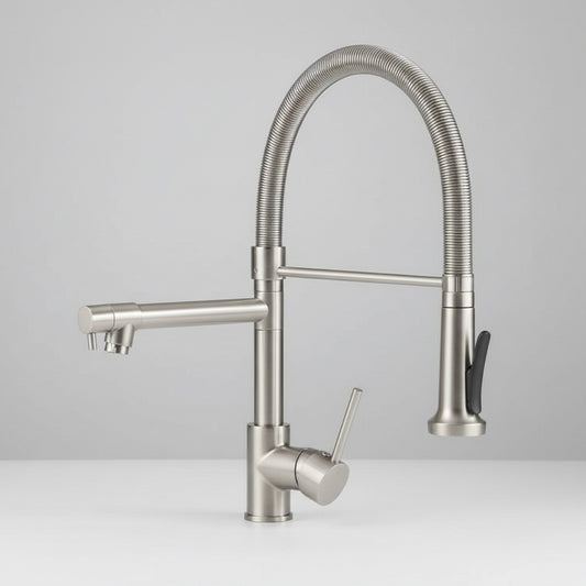 The AllFixture Ross Double Spout LED Kitchen Faucet features a flexible curved spring spout, pull-down sprayer, side spray head, and minimalist stainless steel design, shown against a plain light gray background.