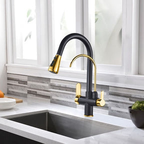 A modern Rozin Solid Brass Kitchen Faucet with Pull Out Sprayer & Filtered Water Tap in a polished gold finish is mounted on a white countertop beneath a window. The faucet features a high arc and dual handles. A small plant is visible on the windowsill, and a white kettle and mug are situated in the background.