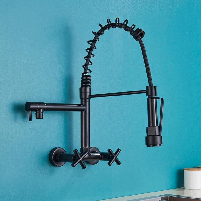 Wall Mounted Dual Handle Pull Down Spout Kitchen Faucet