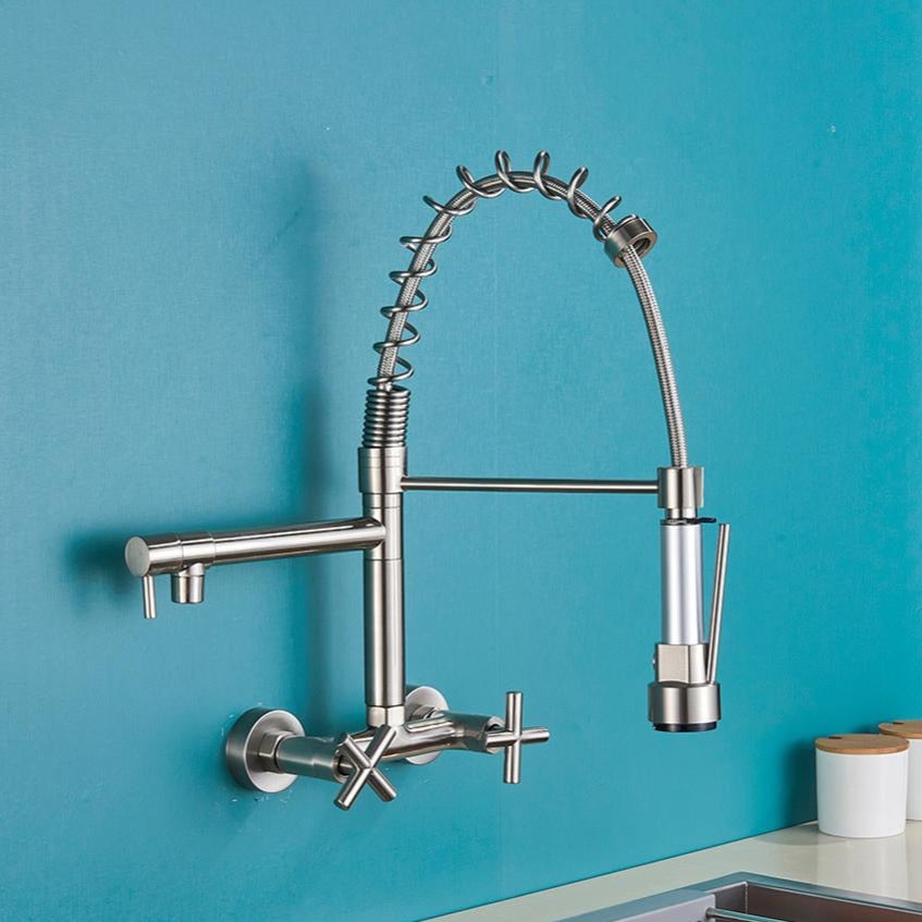 Wall Mounted Dual Handle Pull Down Spout Kitchen Faucet