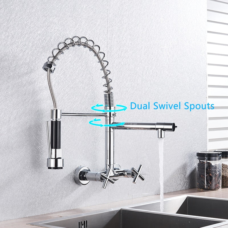 Wall Mounted Dual Handle Pull Down Spout Kitchen Faucet