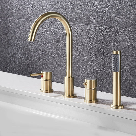 The AllFixture Brass Bathroom Faucet Set with Handheld Shower showcases a tall, curved spout, two round handles, and a handheld shower head, all in a matte black finish. The sleek fixtures are mounted on a pristine white countertop contrasted against a textured gray wall.