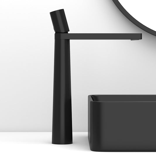 A sleek, modern Single Handle Matt Black Bathroom Faucet by Tiqui sits adjacent to a black rectangular sink with a minimalist design. The setup is against a white background, emphasizing the contrast and contemporary aesthetic.