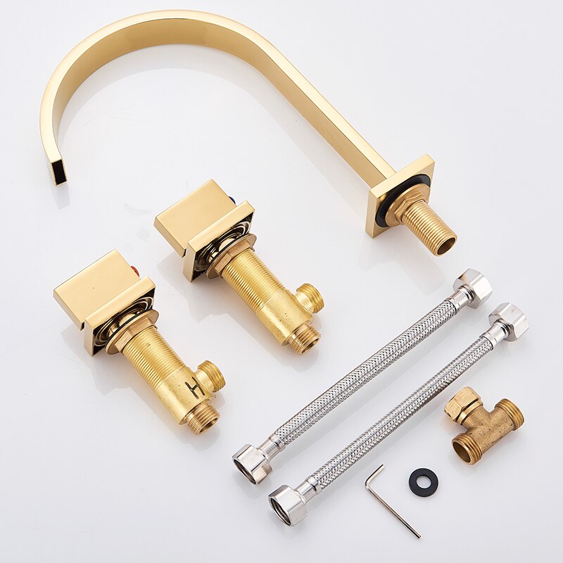 Double Handle Deck Mounted Bathroom Faucet, Polished Gold