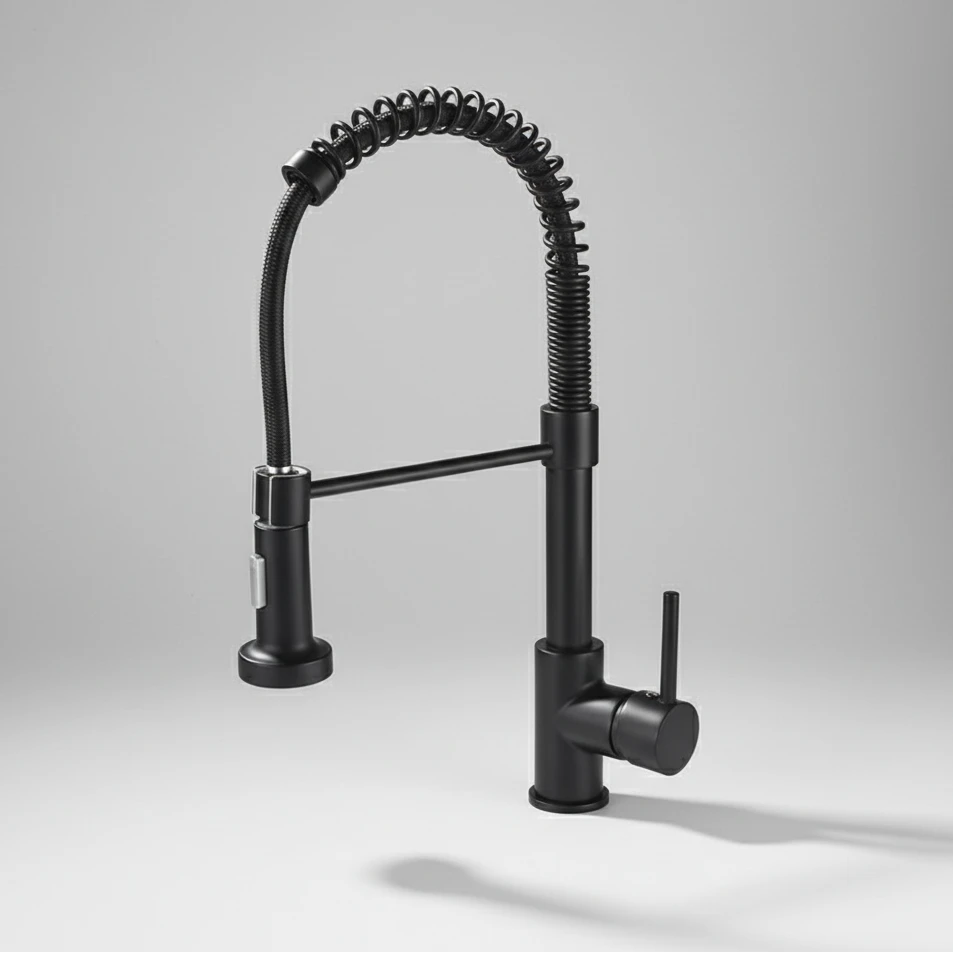 Solid Brass Pull Out Spout Kitchen Sink Faucet in modern black finish with flexible coil hose.
