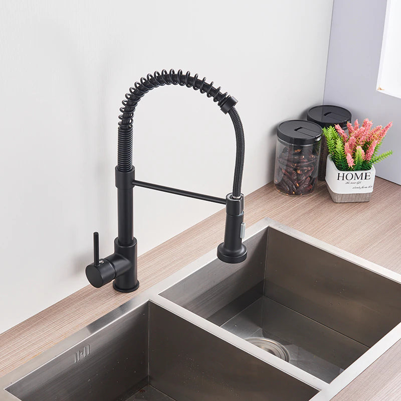 A person is holding the detachable spray head of the "Solid Brass Pull Out Spout Kitchen Sink Faucet" by allfixture, a modern black kitchen faucet featuring a curved, flexible spring design. Positioned over a double stainless steel sink, water streams from the spray head. Nearby, a plant and decorative "HOME" sign add charm to the scene.