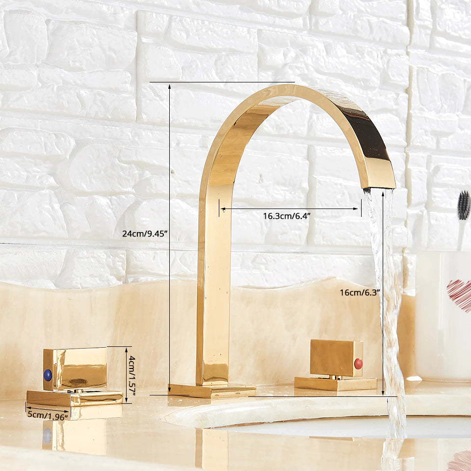 Double Handle Deck Mounted Bathroom Faucet, Polished Gold