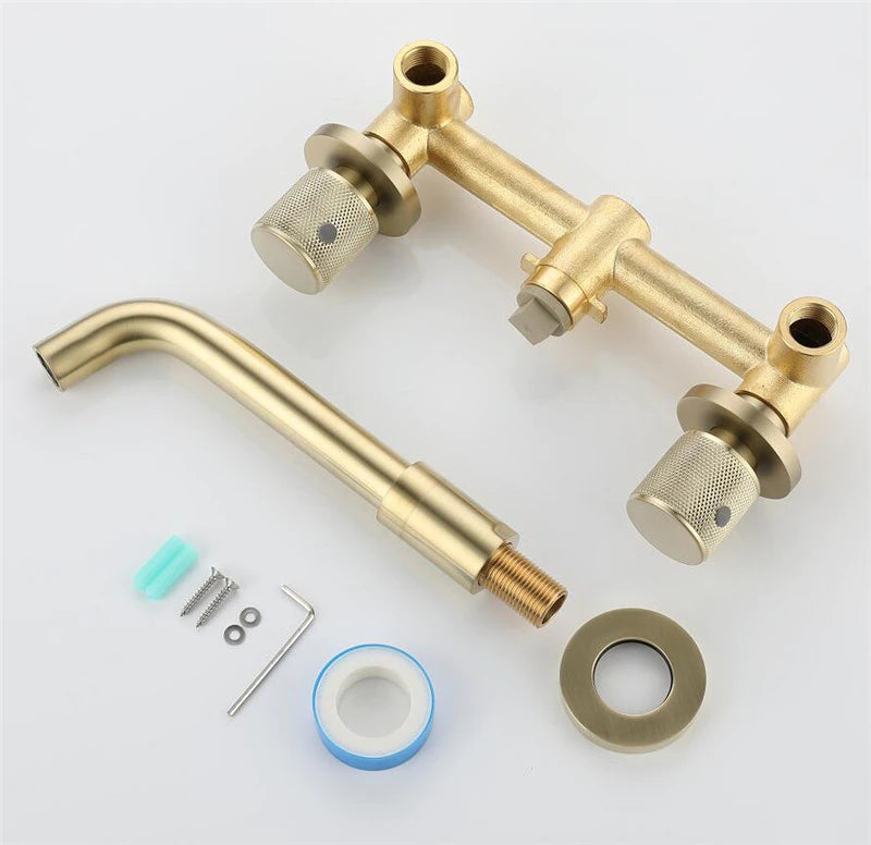 Solid Brass Wall Mounted Bathroom Faucet, Brushed Gold