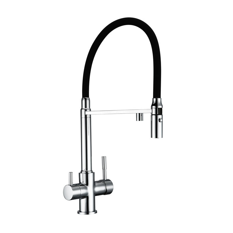 An individual uses the sophisticated 3-Function Pull Down Spout Kitchen Sink Faucet from AllFixture, featuring a flexible white hose, to spray water into a stainless steel sink. In the background, two glass jars filled with pasta rest on the countertop next to a dish rack.