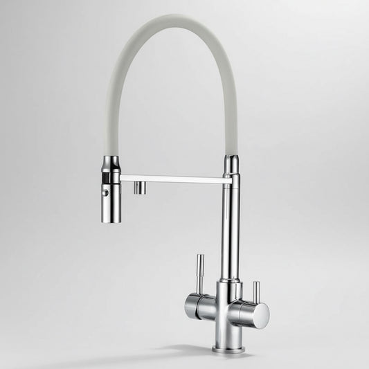 The Bagnolux Ross Pull Down Spout Kitchen Sink Faucet features a modern silver finish, dual handles, and a high, curved flexible spout, set against a plain white background.