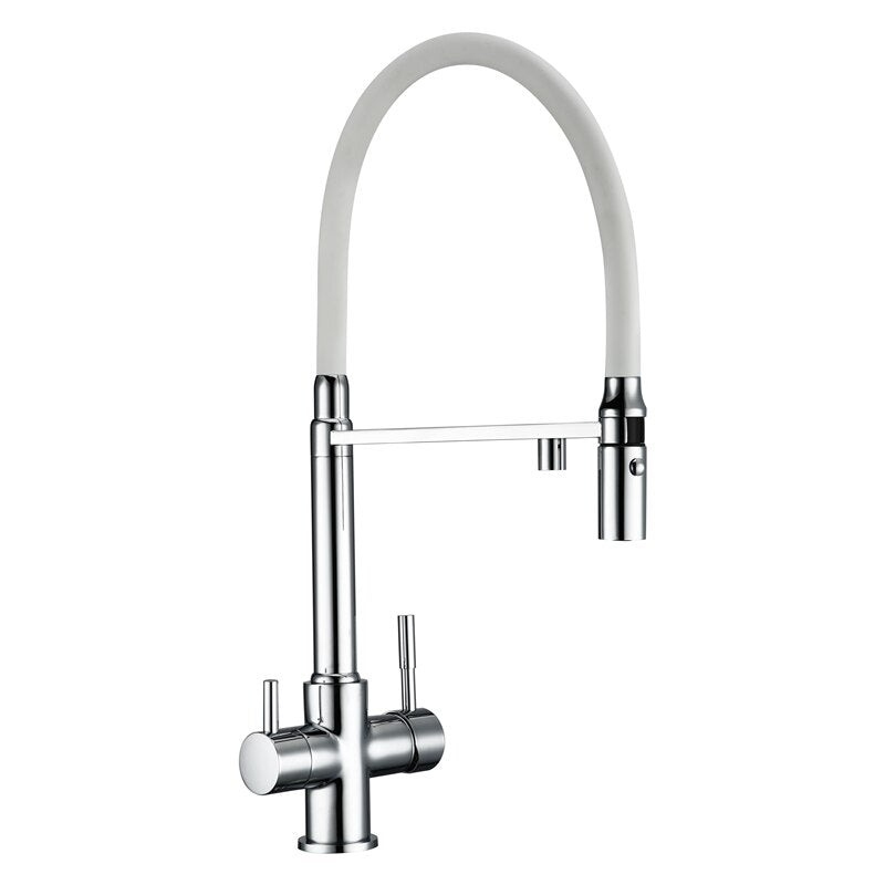 An individual uses the sophisticated 3-Function Pull Down Spout Kitchen Sink Faucet from AllFixture, featuring a flexible white hose, to spray water into a stainless steel sink. In the background, two glass jars filled with pasta rest on the countertop next to a dish rack.