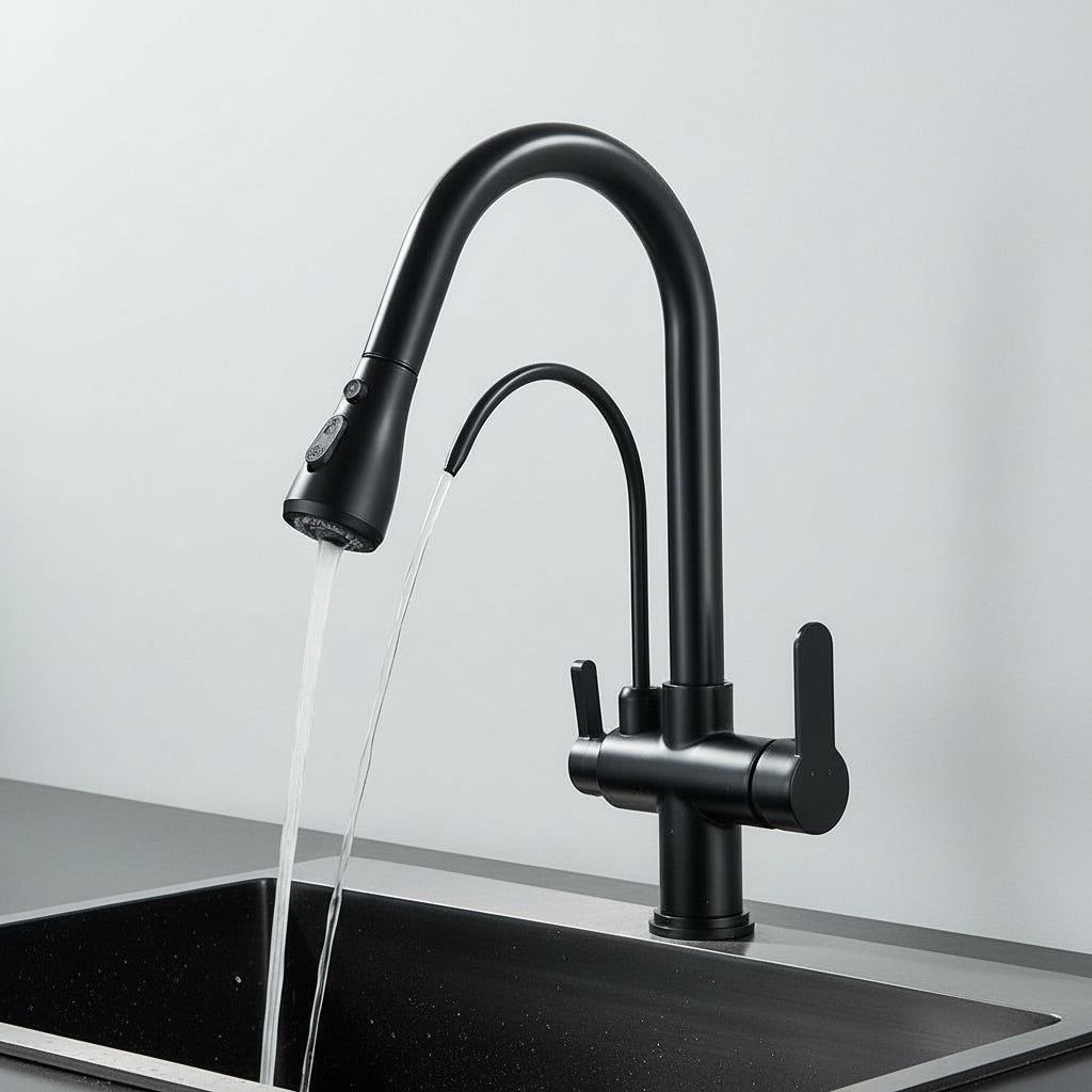 Ross Kitchen Faucet With Filtered Water Tap featuring a modern design with dual-handle control and pull-out spray head.